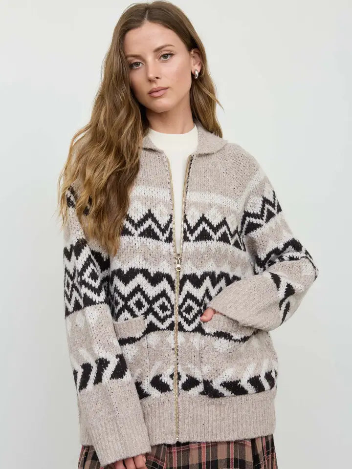 Geometric Fair Isle Zip Up Cardugan Sweater