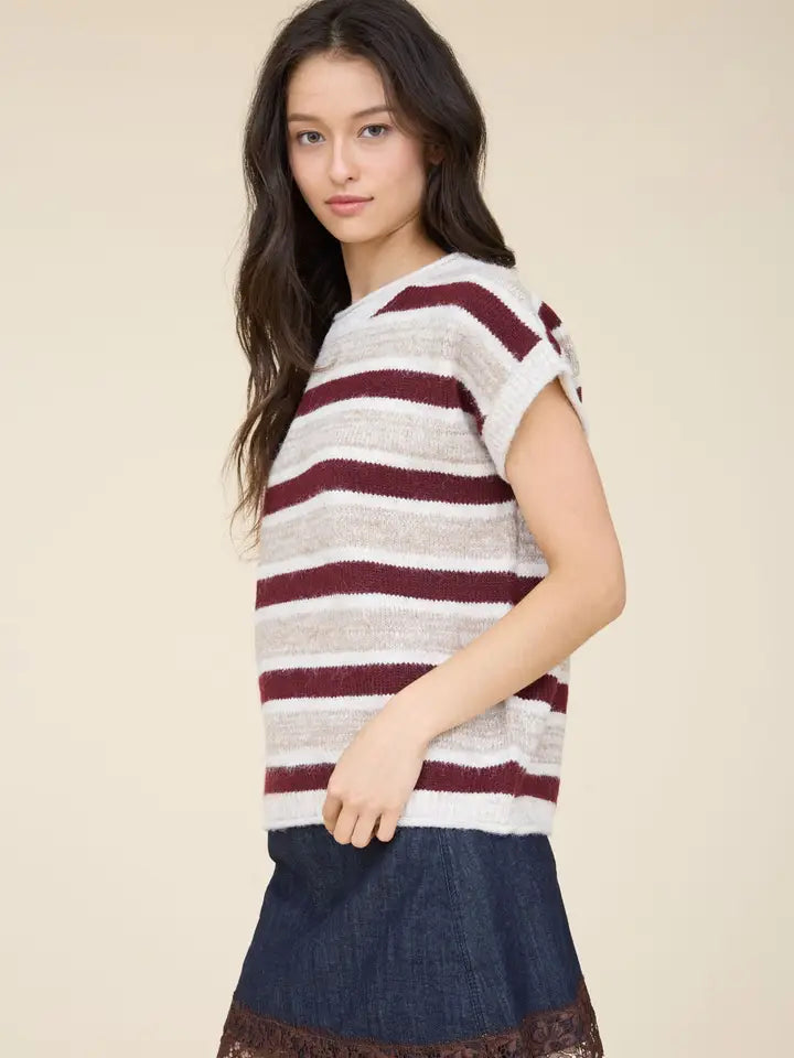 Marled Stripe S/S Raw Edge Knit Sweater