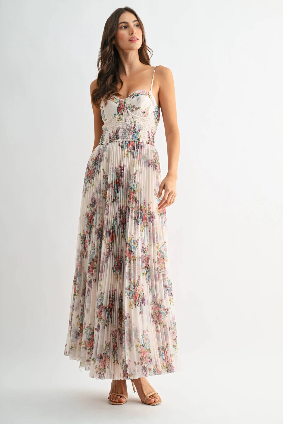 Camellia Pleated Floral Tulle Maxi Dress