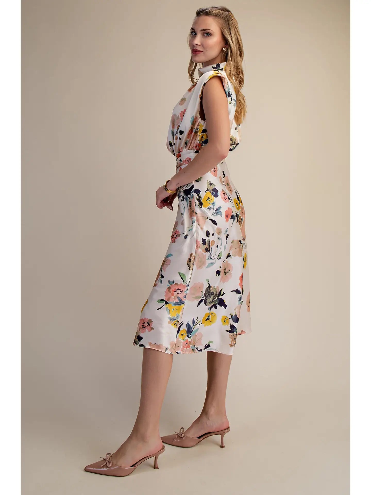 Glam Cowl Neck Waist Tie Midi Dress
