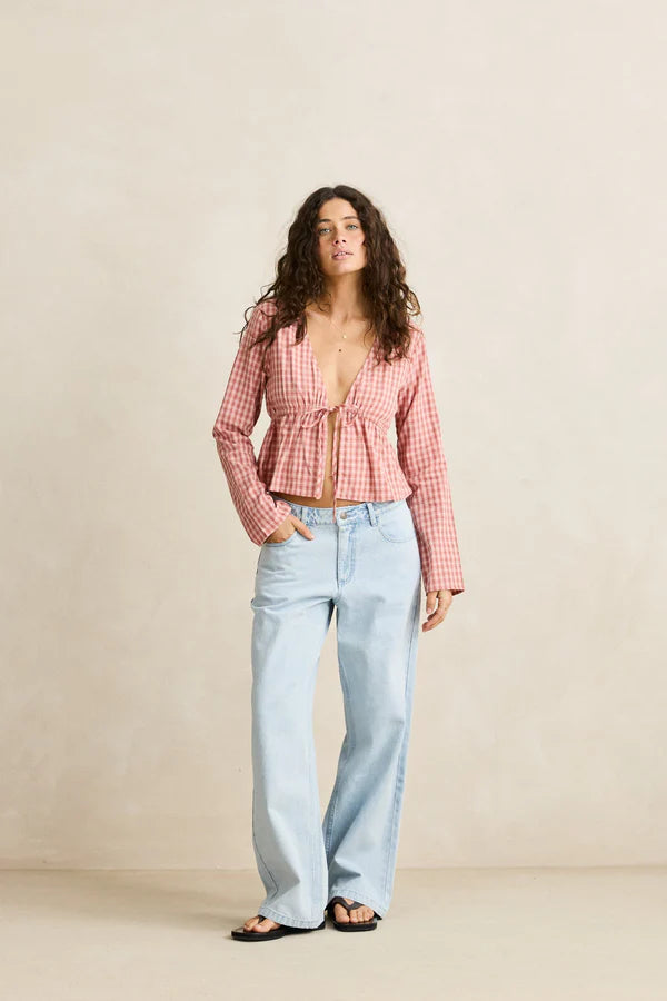 Rhythm Kirra Check Tie Front Long Sleeve Top