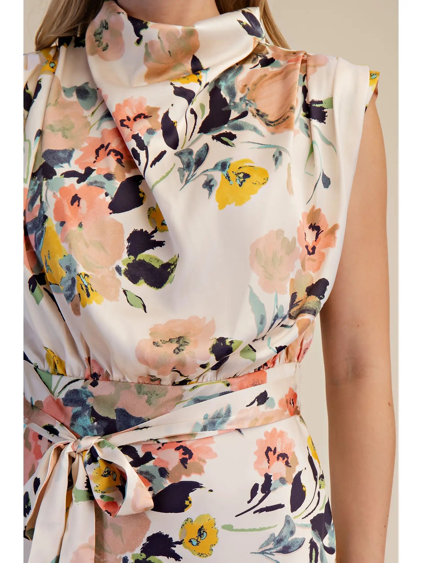 Glam Cowl Neck Waist Tie Midi Dress