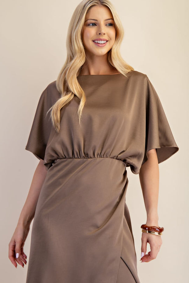 Mocha Satin Midi Dress