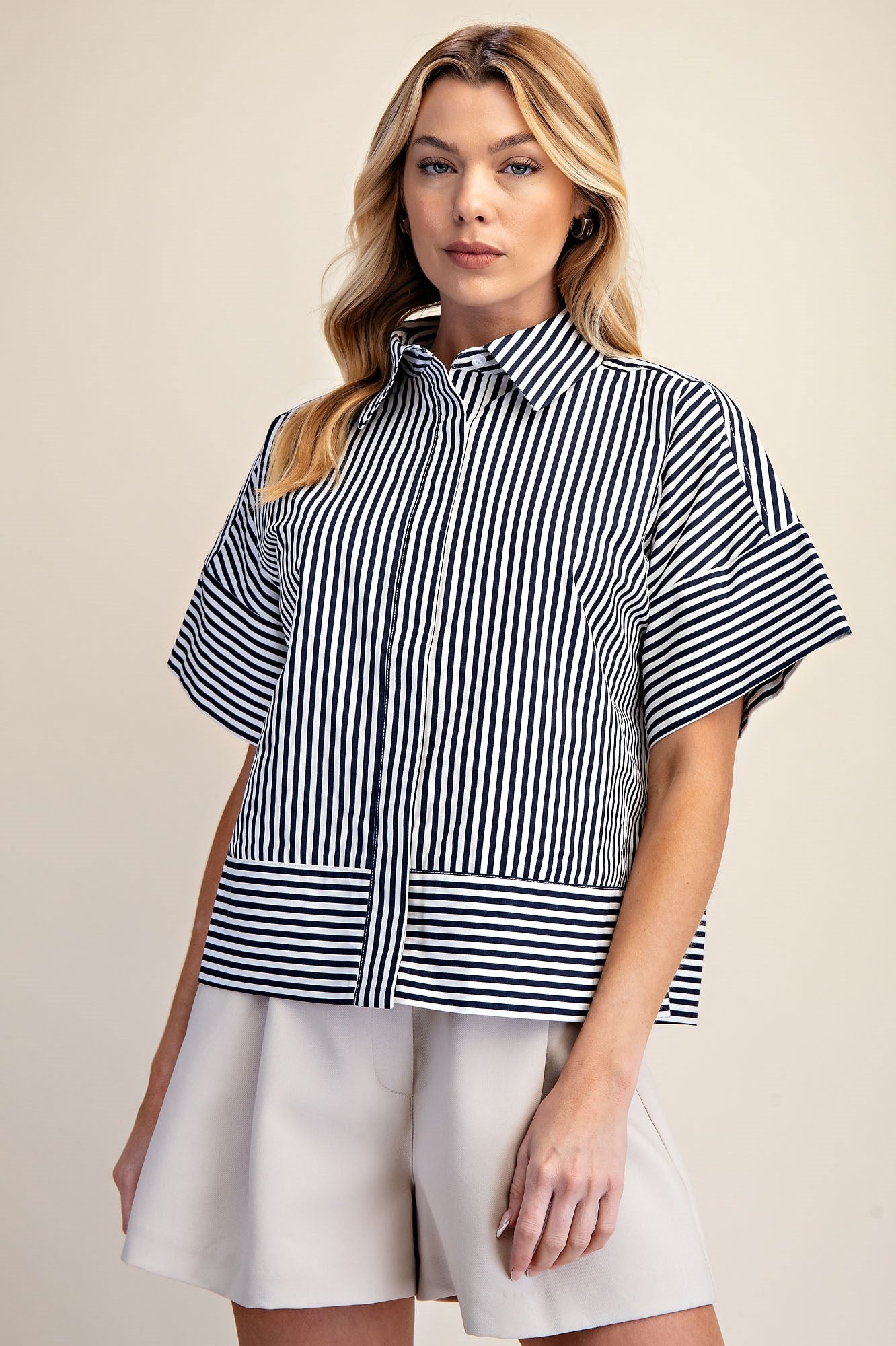 Kendra Button Front Striped S/S Top