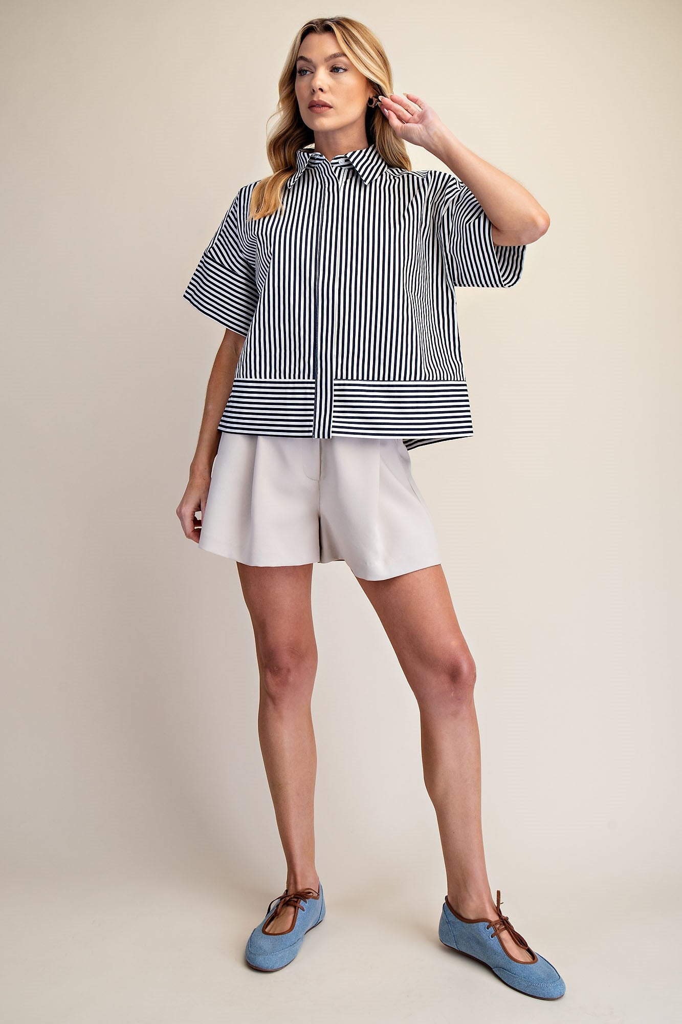 Kendra Button Front Striped S/S Top