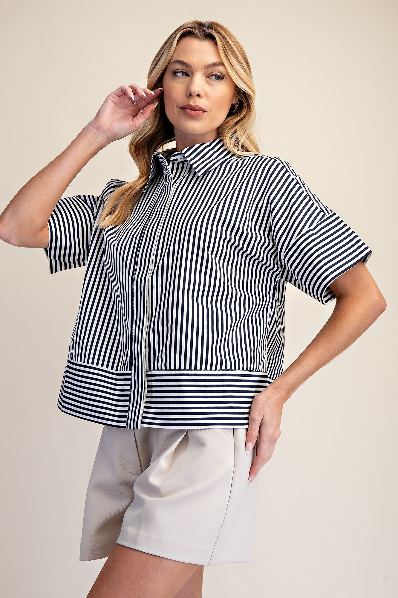 Kendra Button Front Striped S/S Top