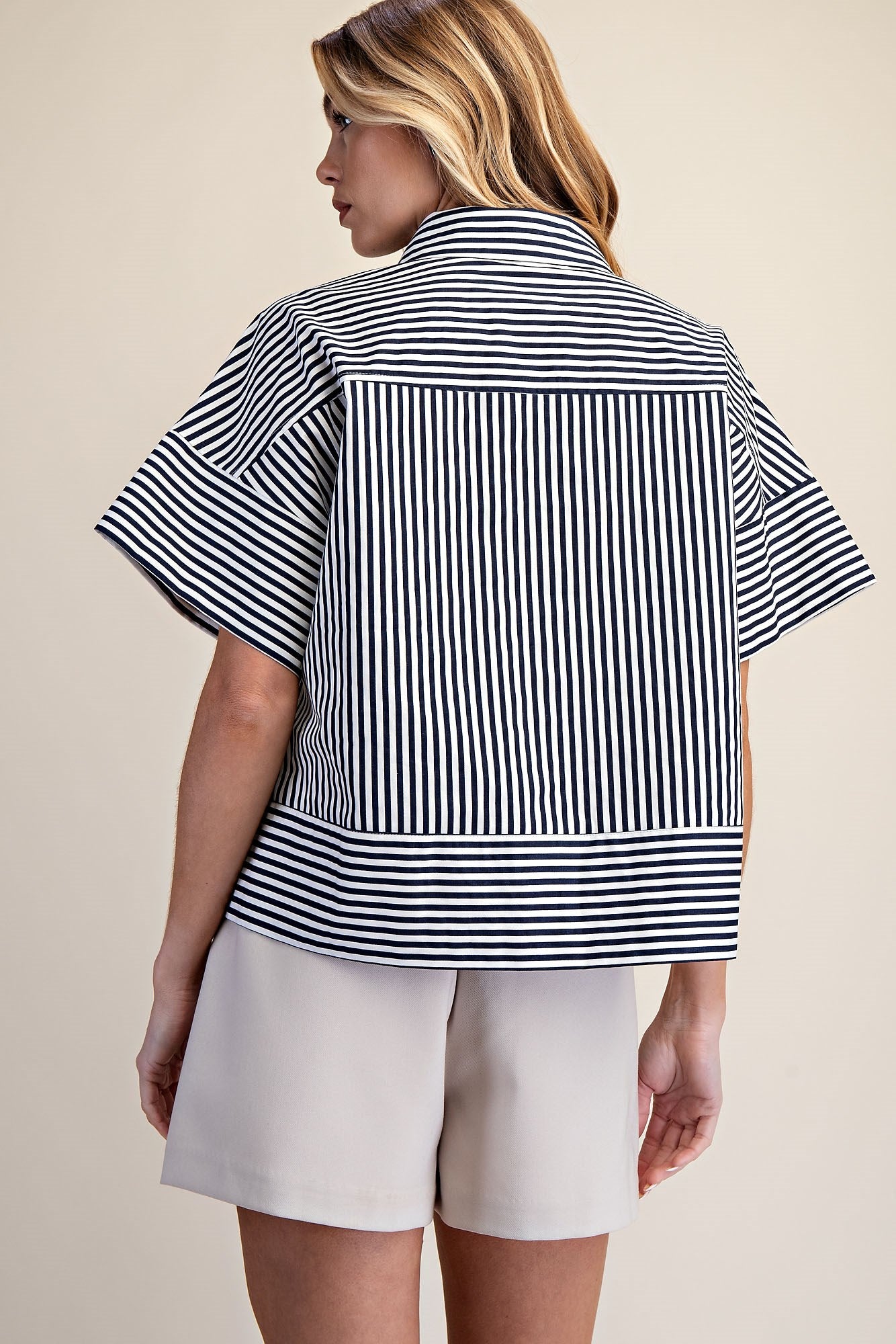 Kendra Button Front Striped S/S Top