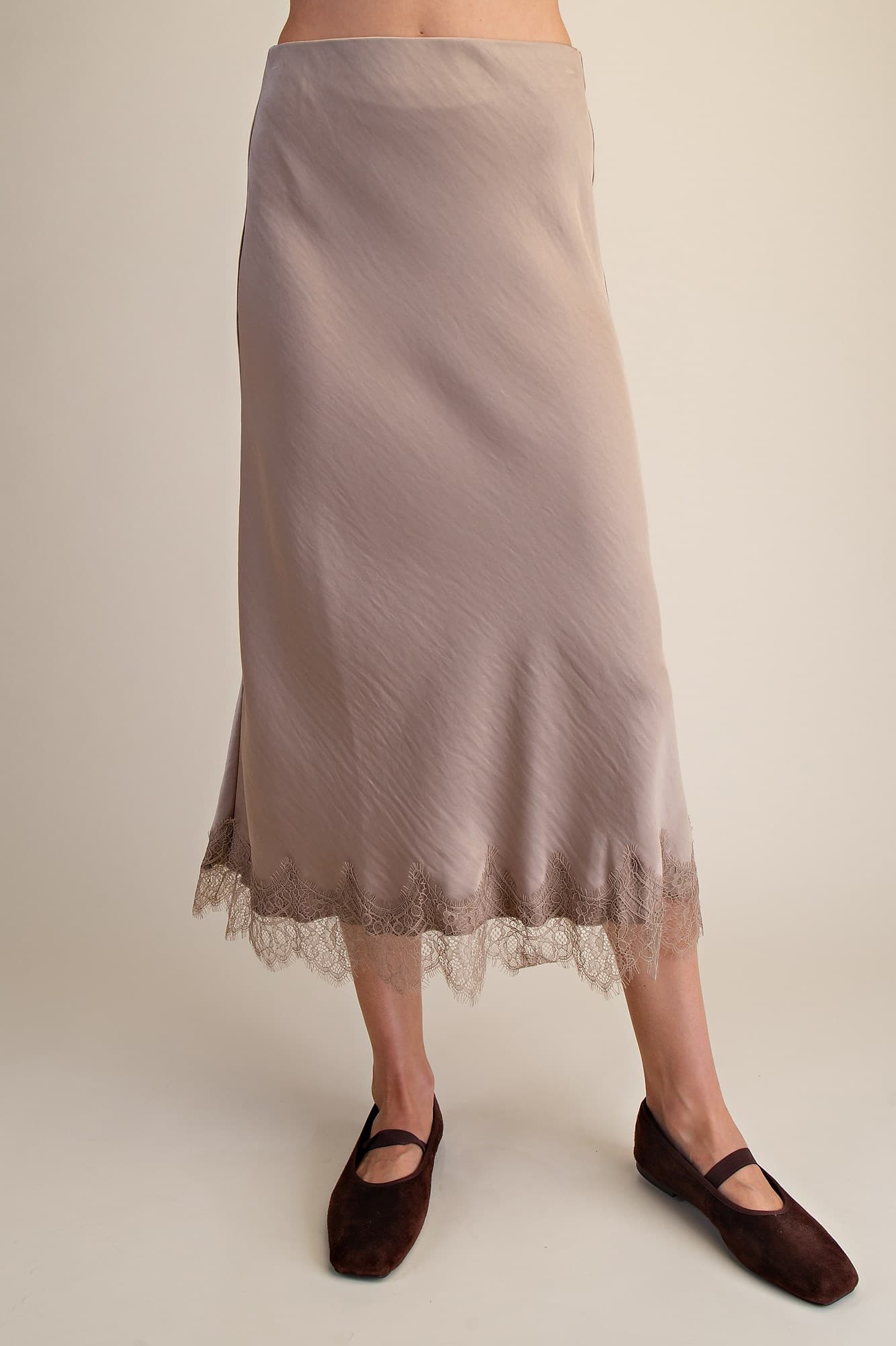 Lace Trim Satin Midi Skirt