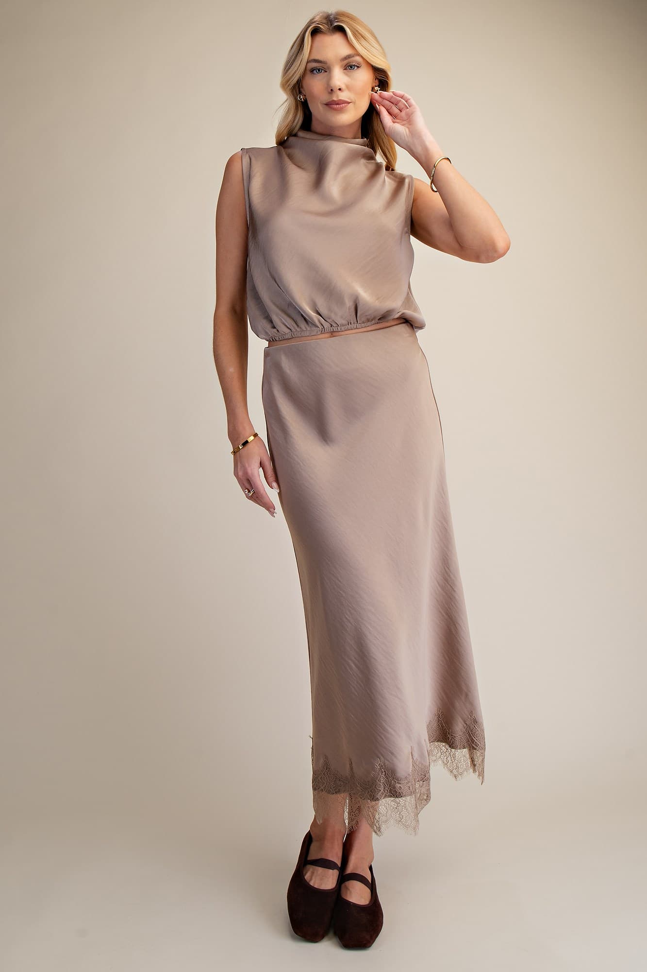 Lace Trim Satin Midi Skirt