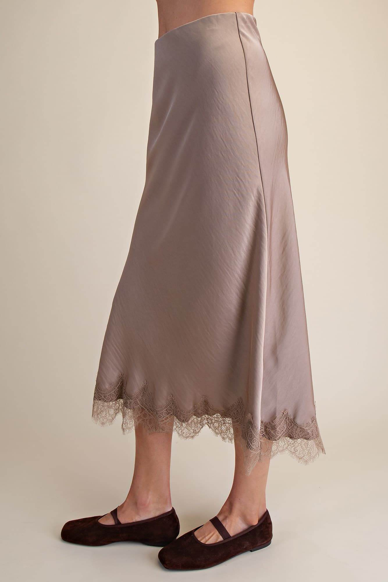 Lace Trim Satin Midi Skirt