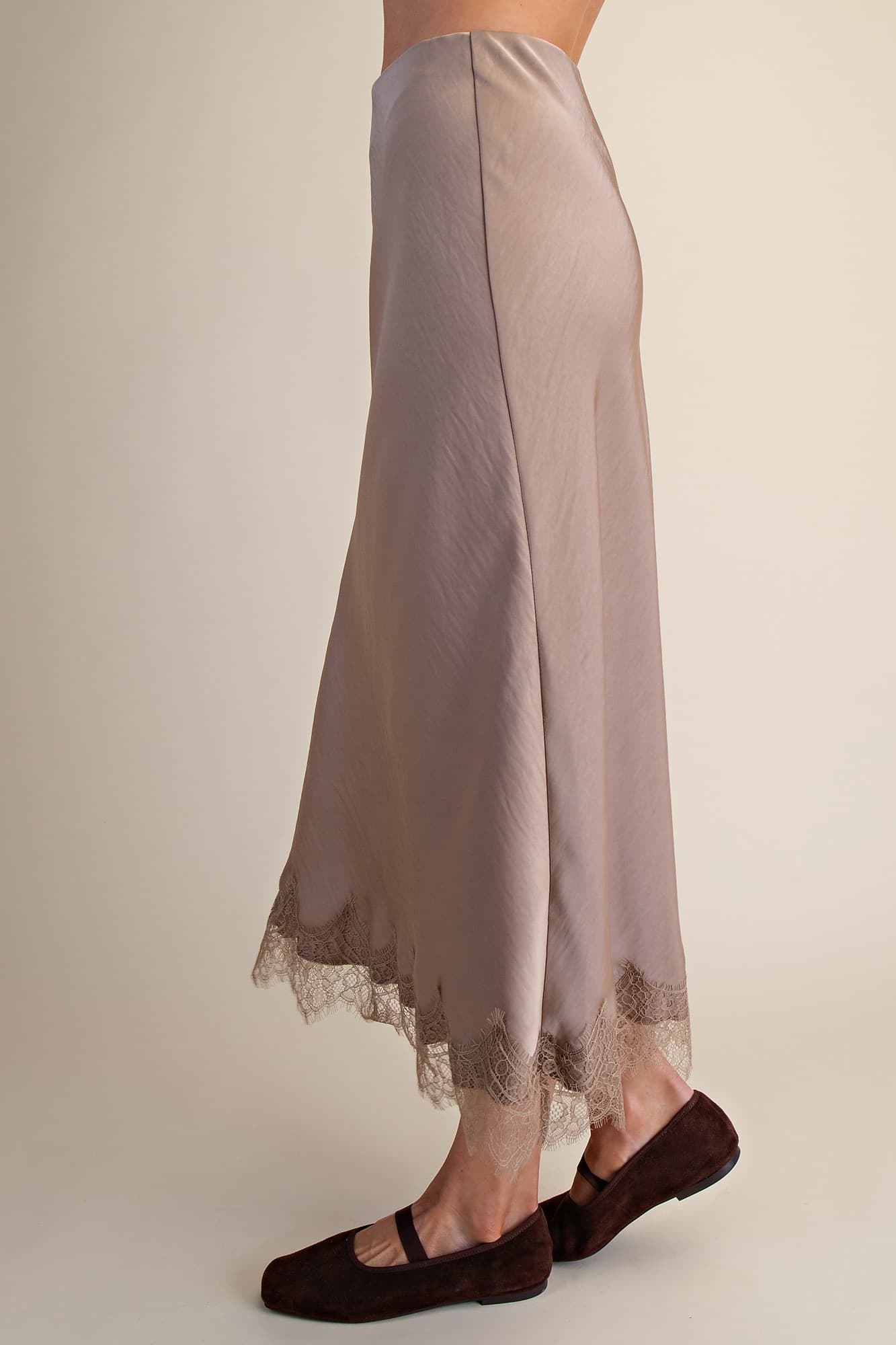 Lace Trim Satin Midi Skirt