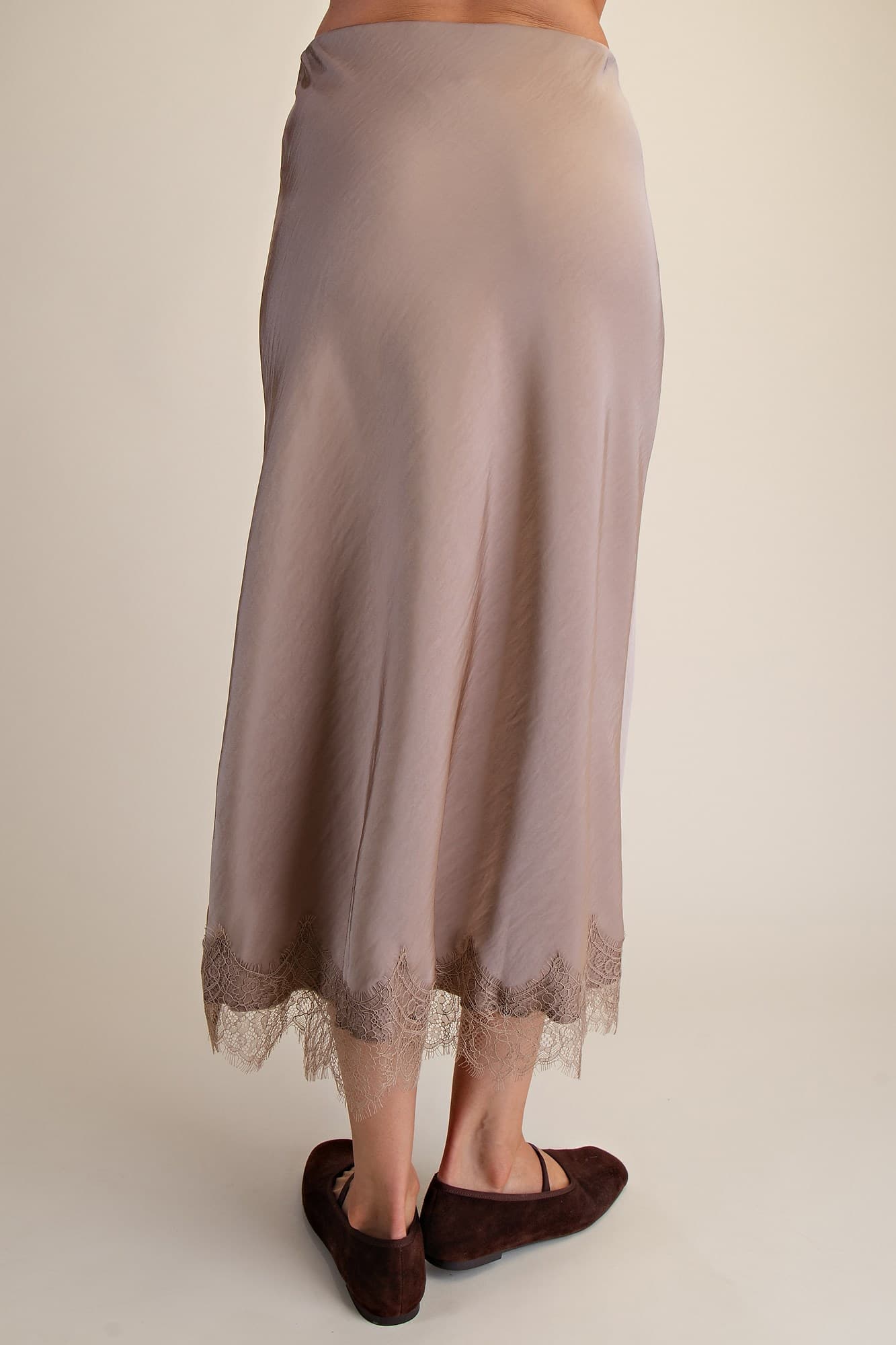 Lace Trim Satin Midi Skirt