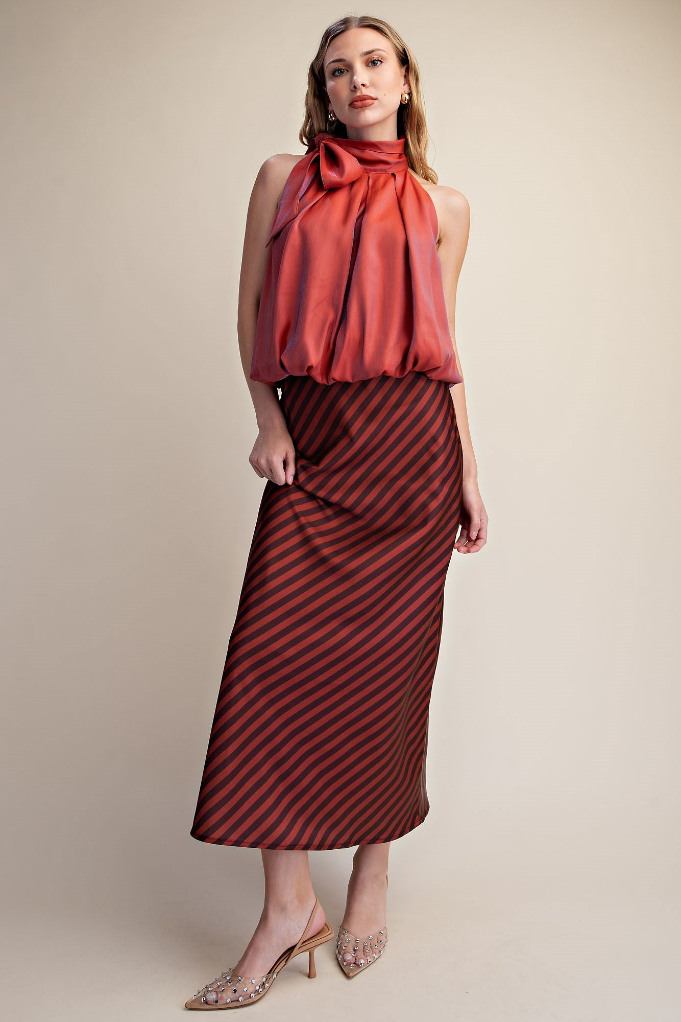 Classic Satin Midi Skirt Striped