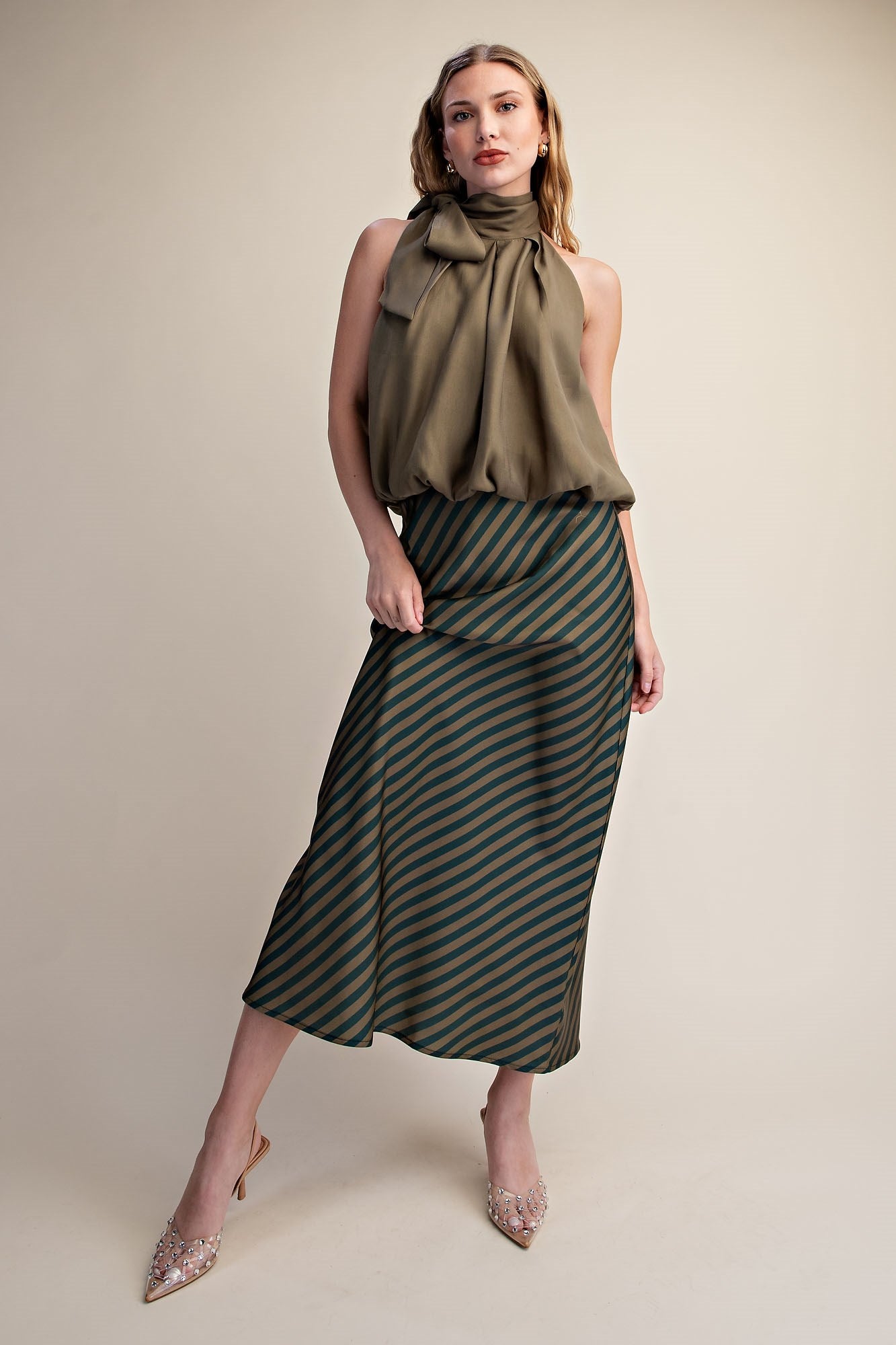 Classic Satin Midi Skirt Striped