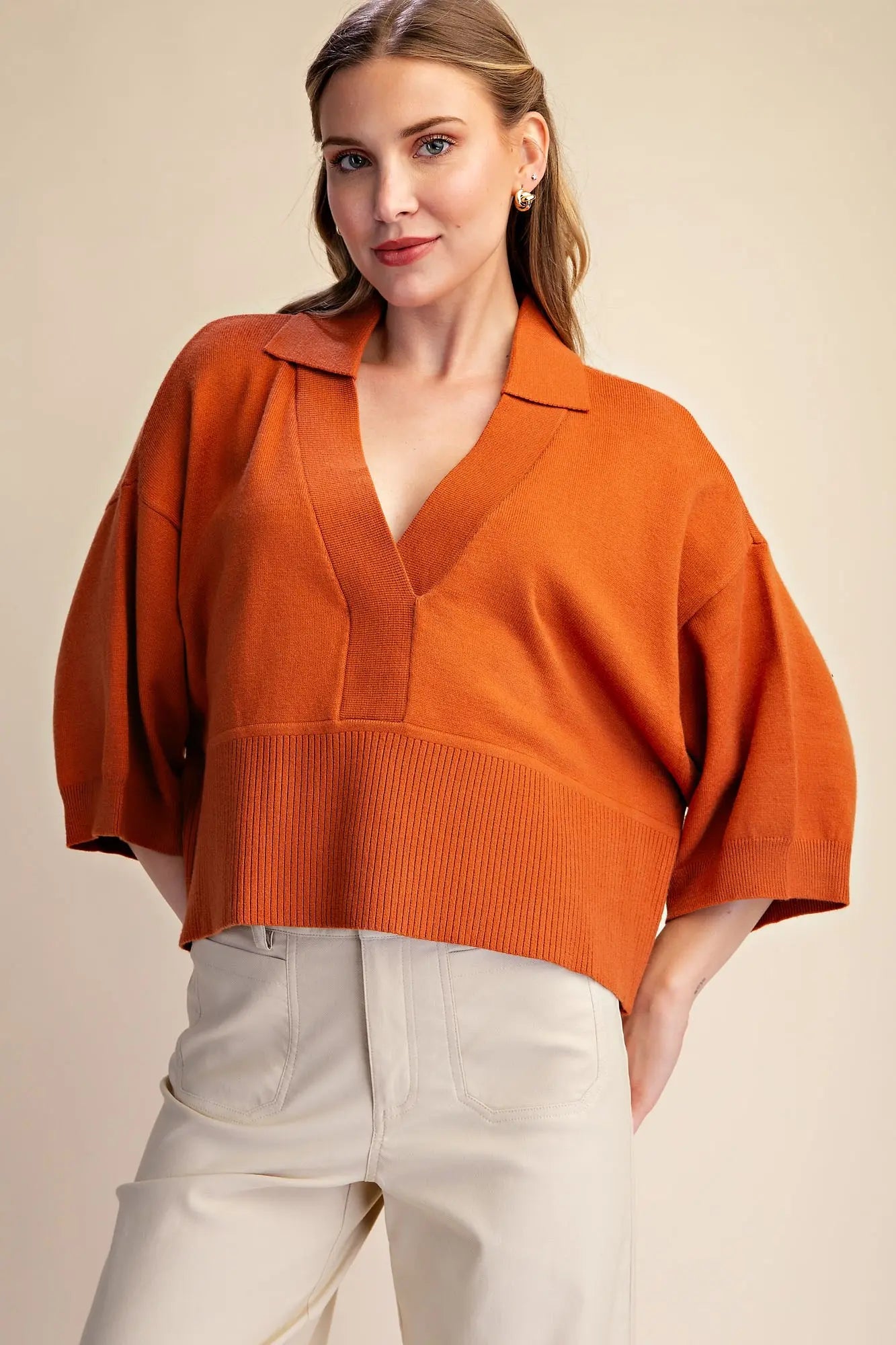Cropped V-Neck Collar Sweater