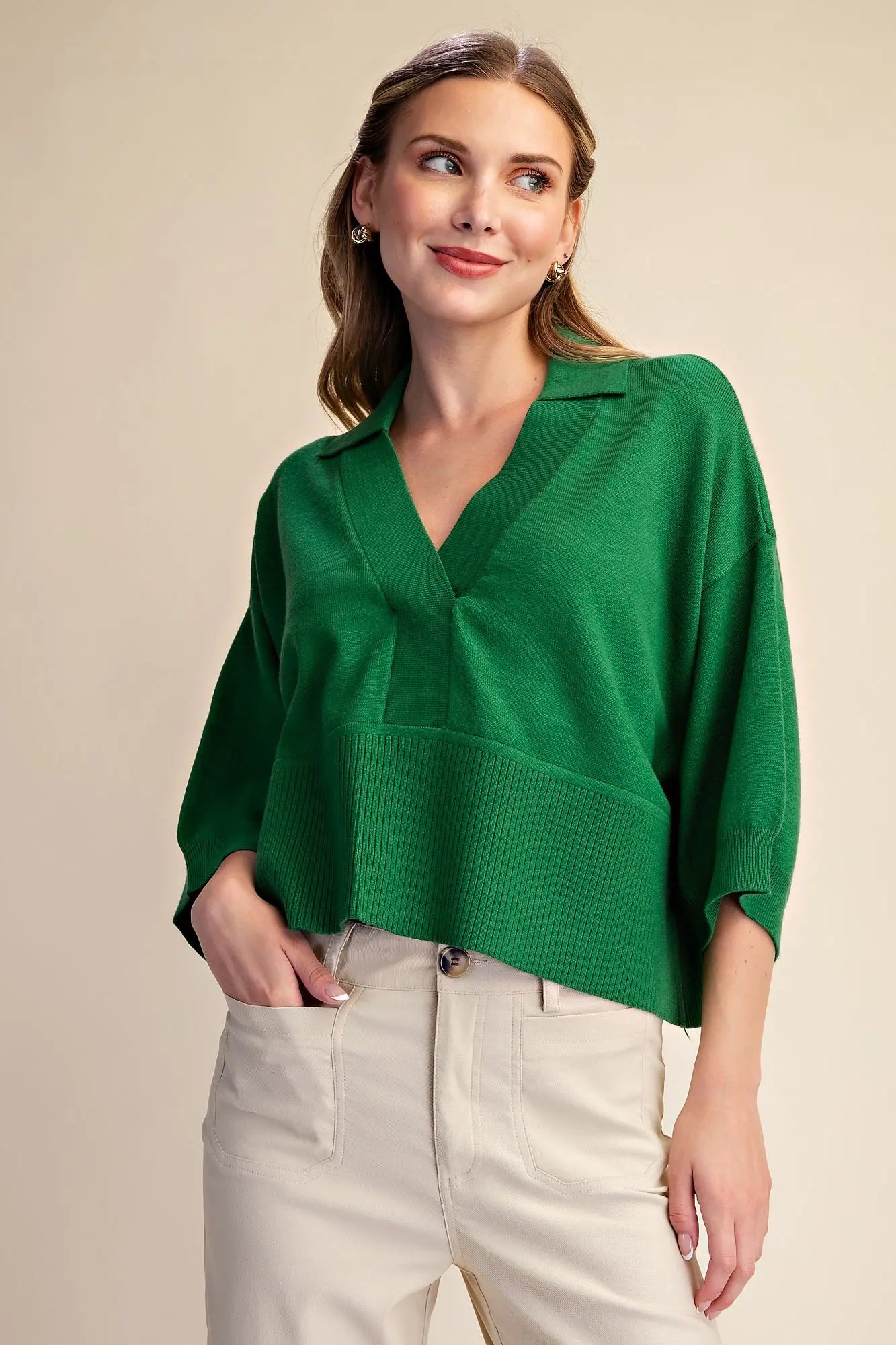 Cropped V-Neck Collar Sweater