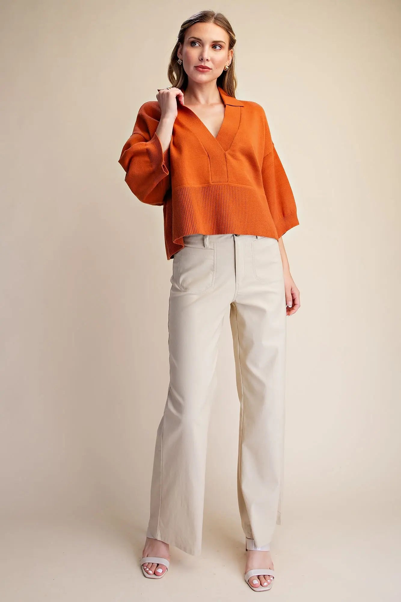 Cropped V-Neck Collar Sweater