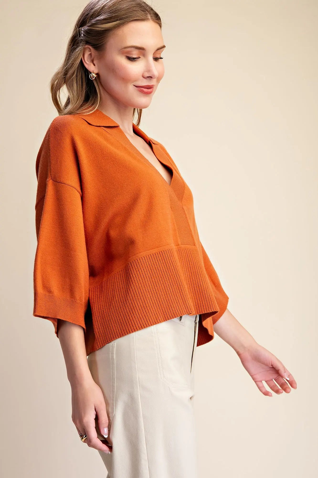 Cropped V-Neck Collar Sweater