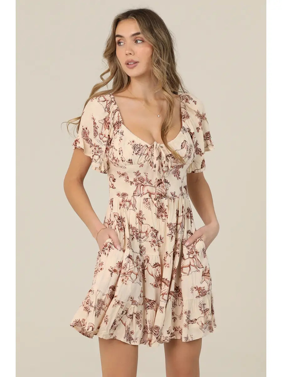 Angie Horse Print Short Sleeve Dress with Pockets