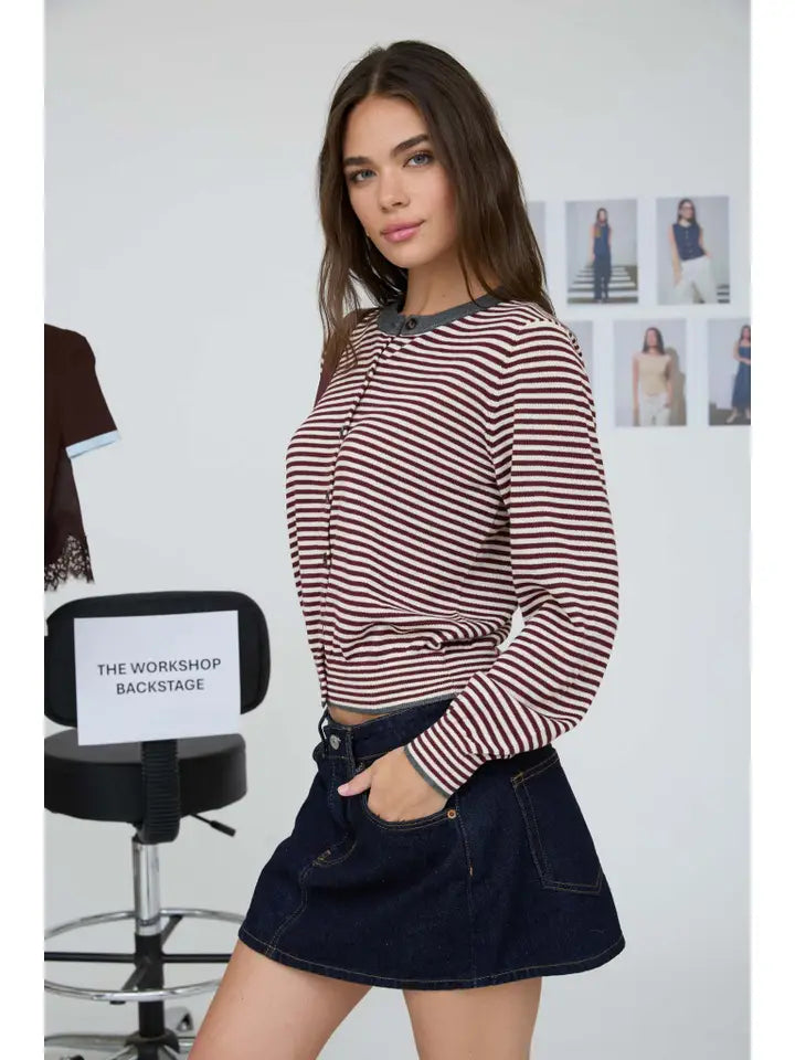 Stripe Contrast Trim Knit Cardigan