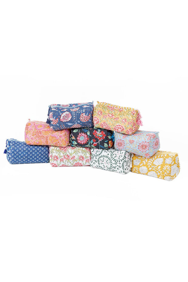 Yellow Floral print Quilted Cotton Toiletry Bag Set