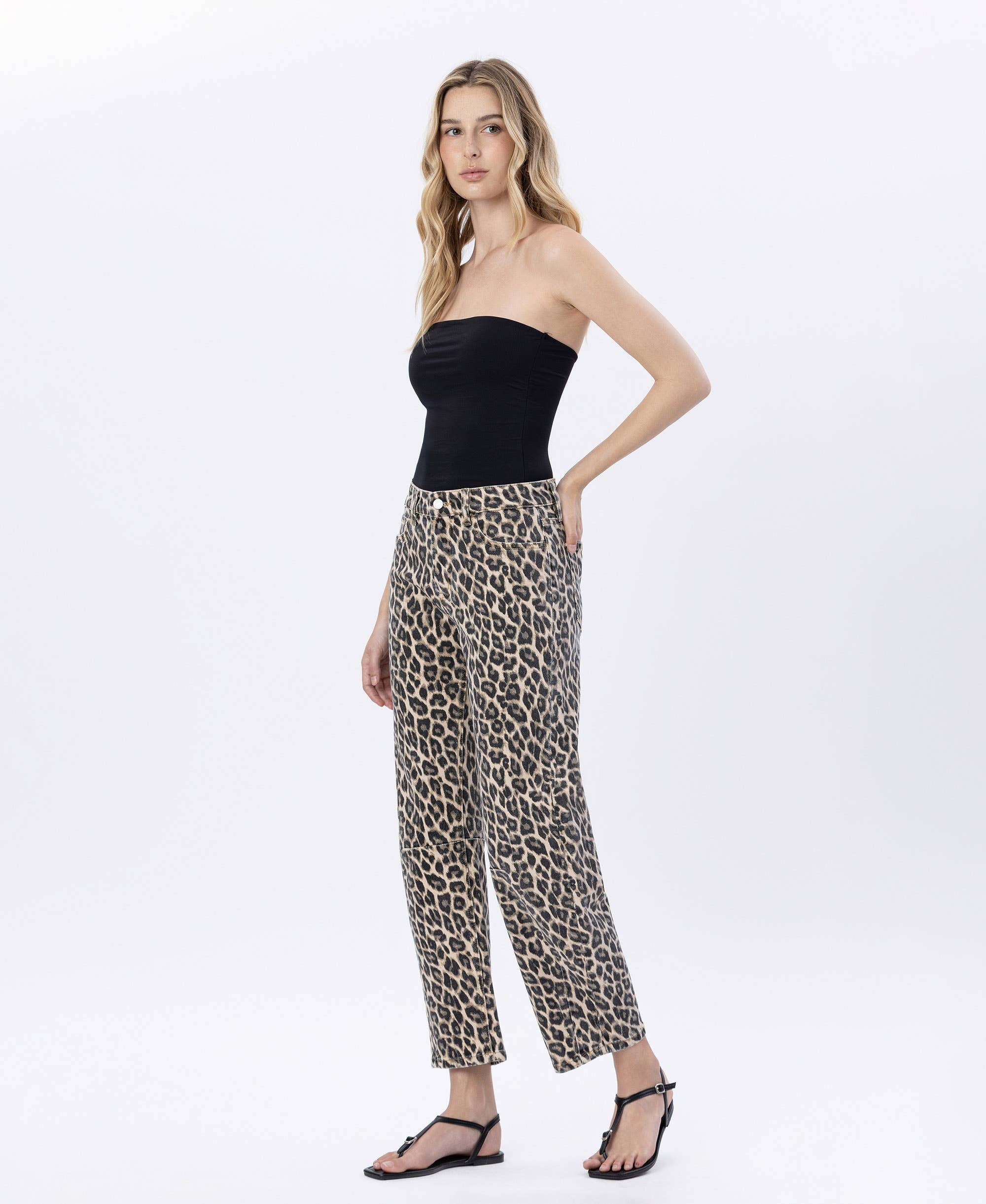 High Rise Barrel Leopard Print Denim