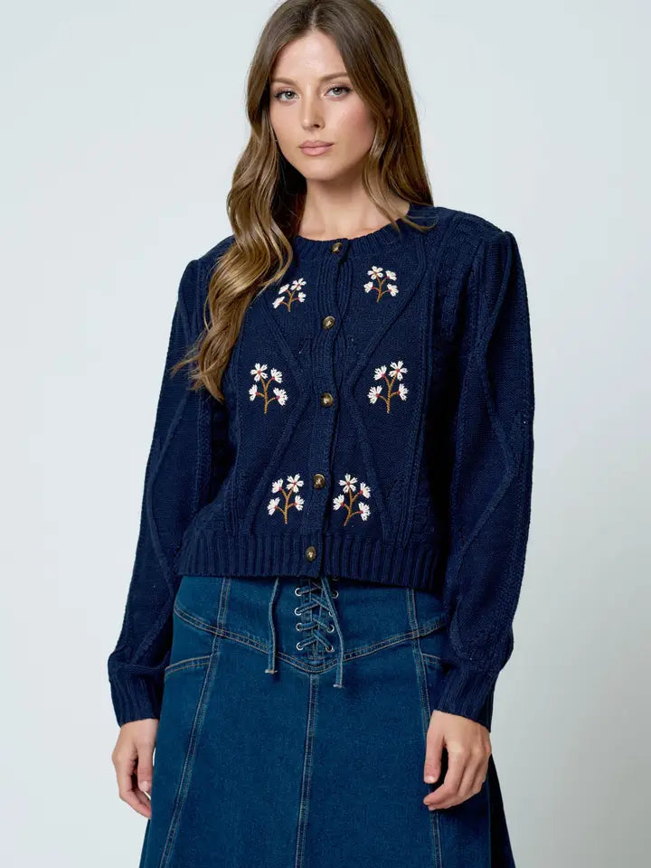 Floral Embroidered Cable Knit Cardigan