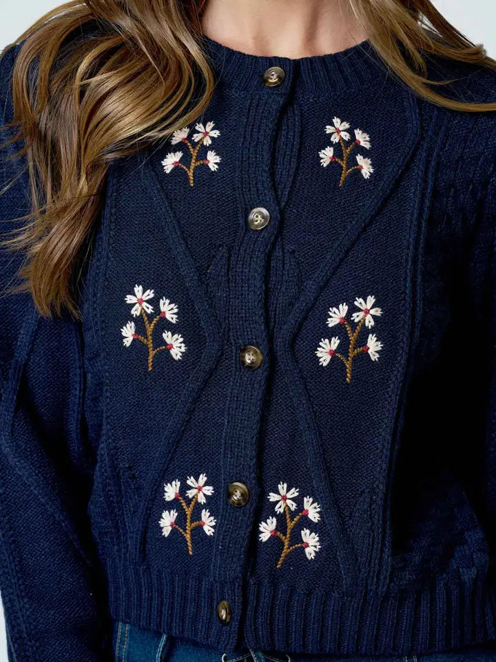 Floral Embroidered Cable Knit Cardigan