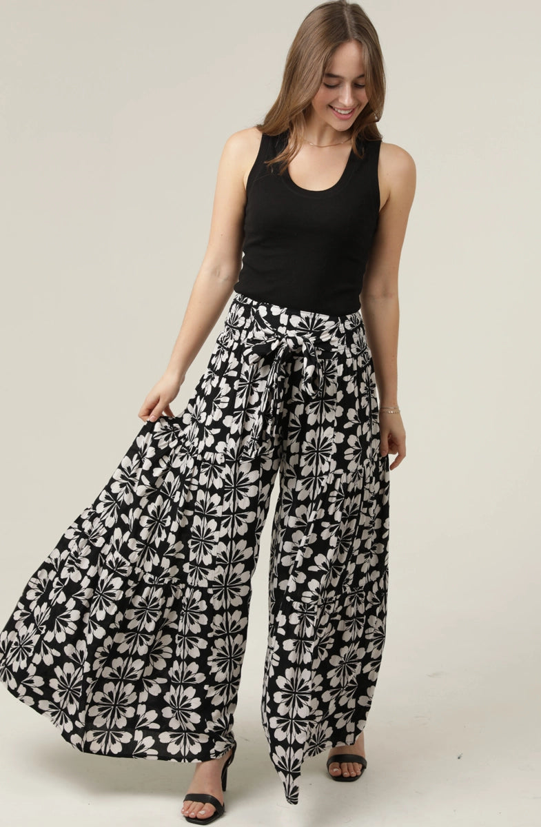 Wide Leg Printed Pants with Tie Waist