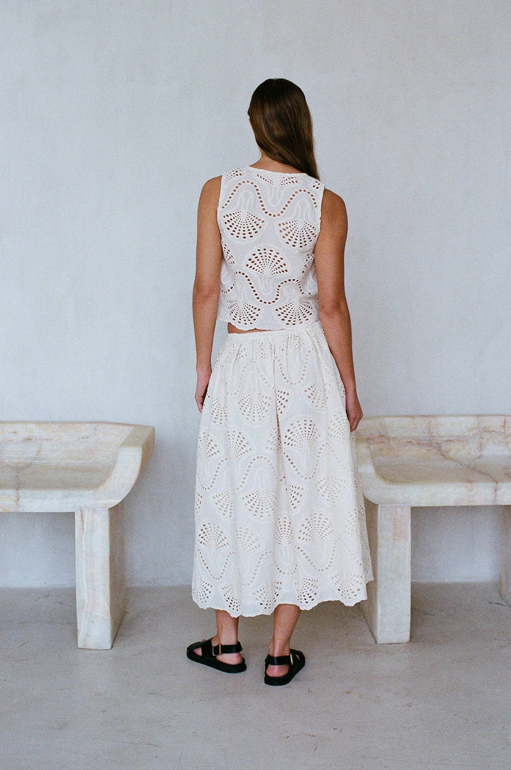 A.REN EMBROIDERED WOVEN COTTON MIDI SKIRT