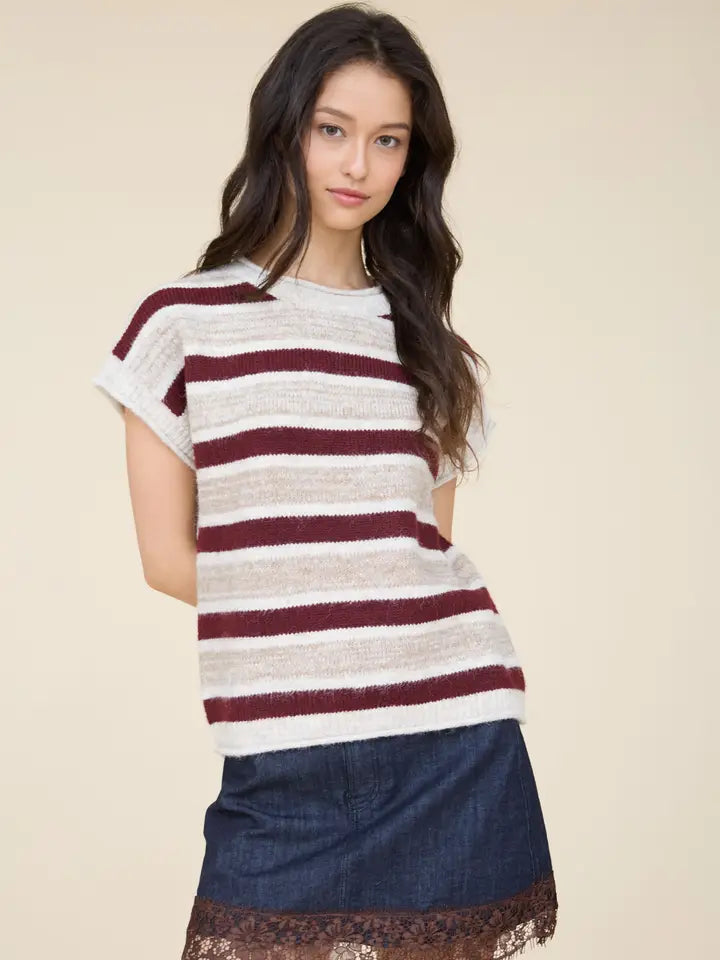 Marled Stripe S/S Raw Edge Knit Sweater