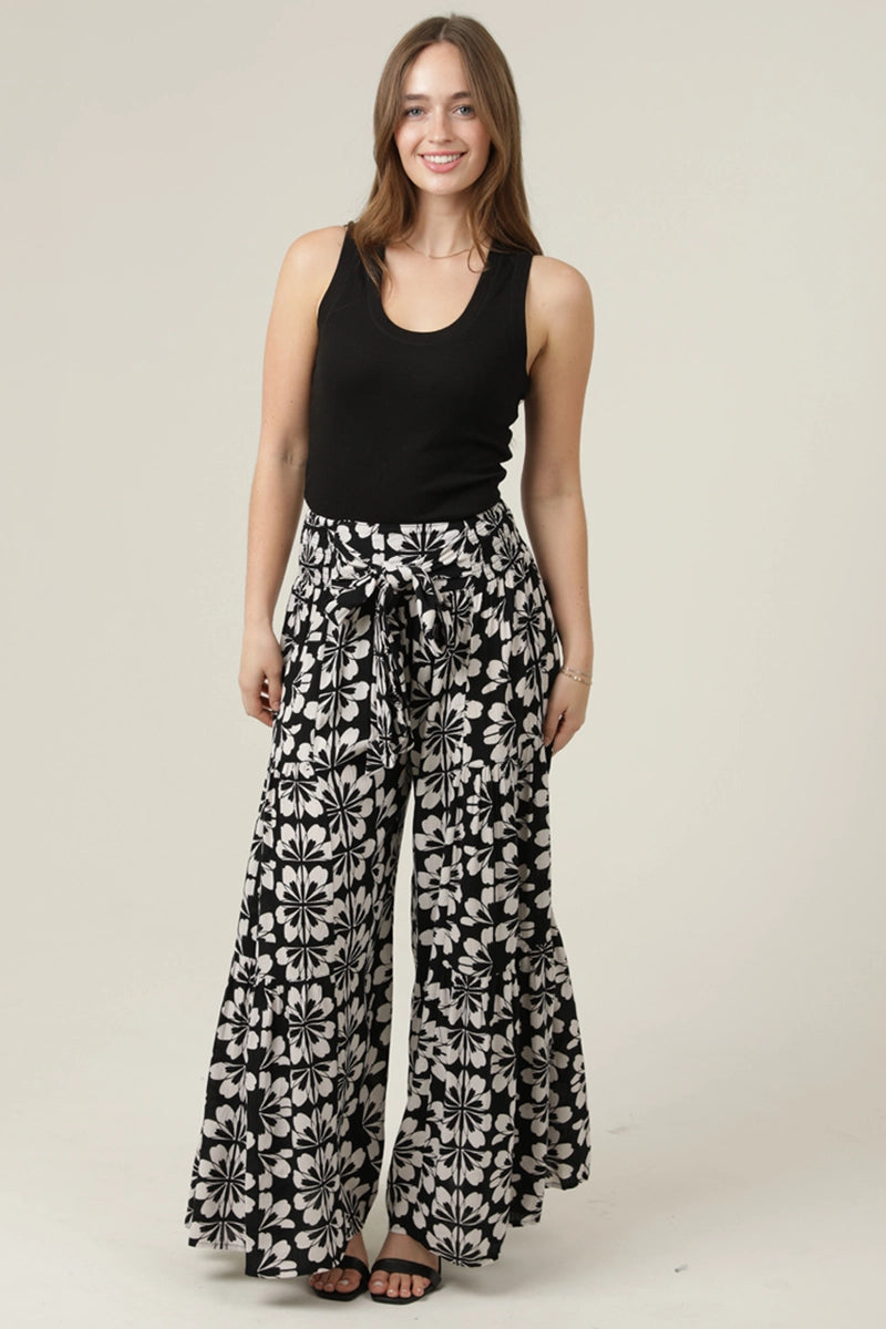 Wide Leg Printed Pants with Tie Waist