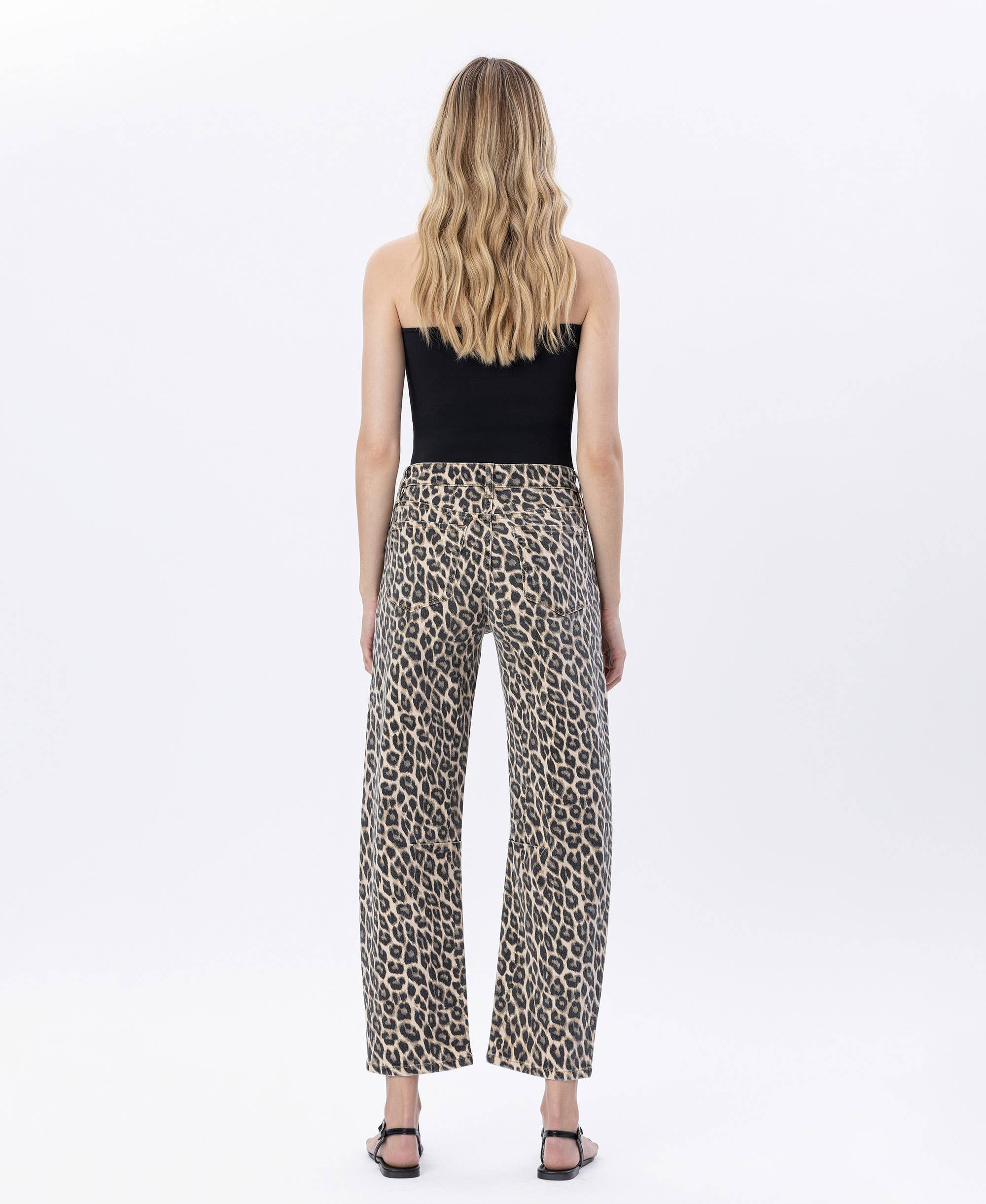 High Rise Barrel Leopard Print Denim