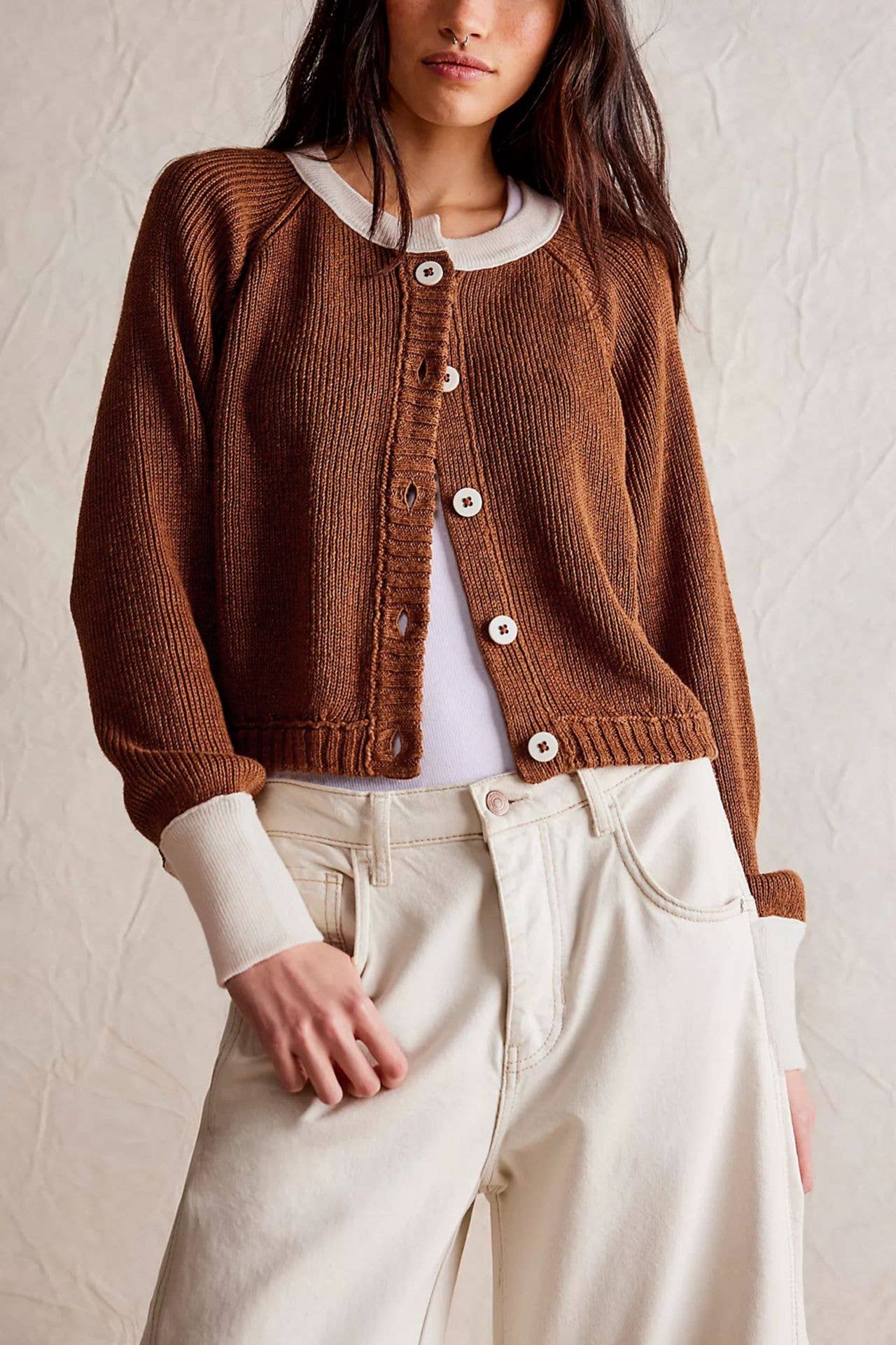 Contrast Trim Slouchy Cardigan Choc/Oat