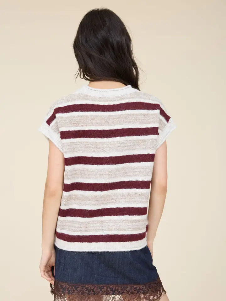 Marled Stripe S/S Raw Edge Knit Sweater