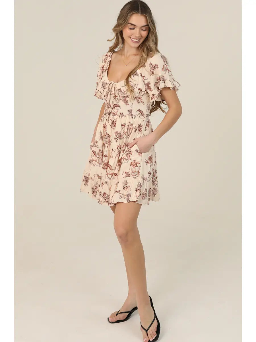Angie Horse Print Short Sleeve Dress with Pockets