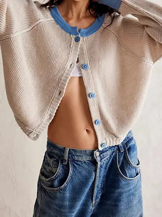 Contrast trim Slouchy Cardigan Blue/Oat
