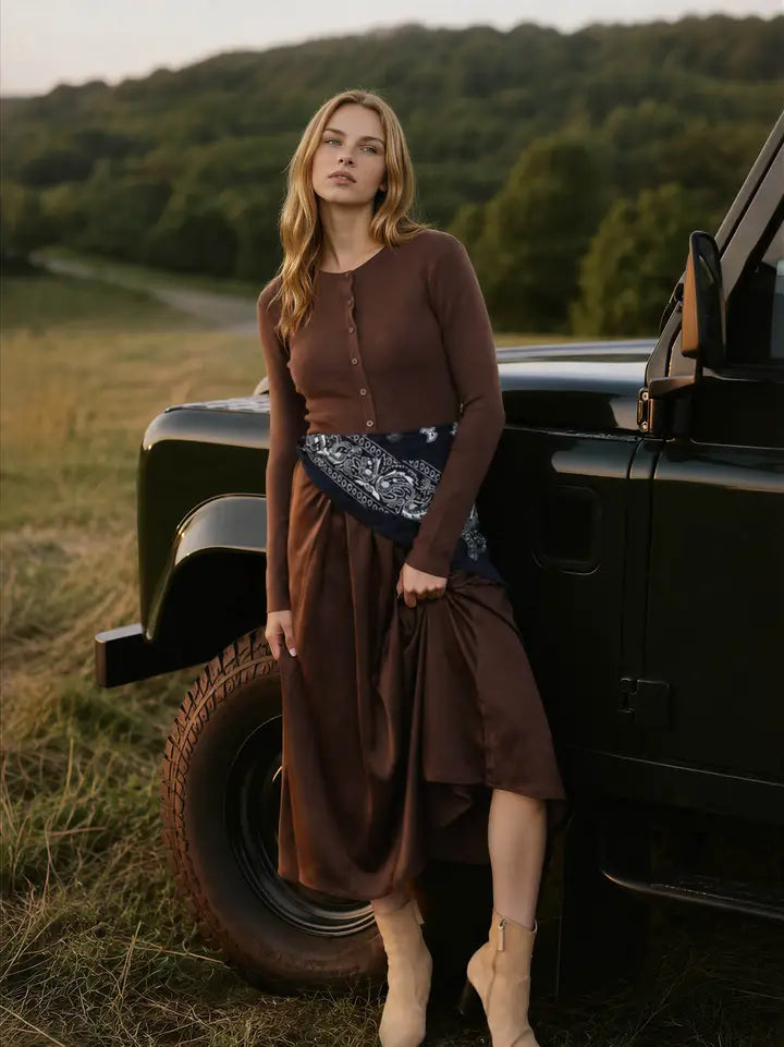Knit Cardigan Satin Skirt Twofer Midi Dress