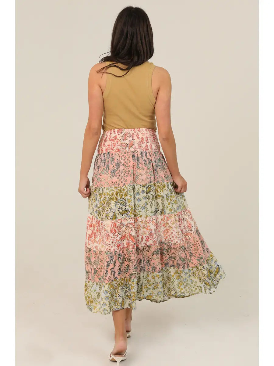 Angie Mix Print Tiered Maxi Skirt with Smocked Waistban