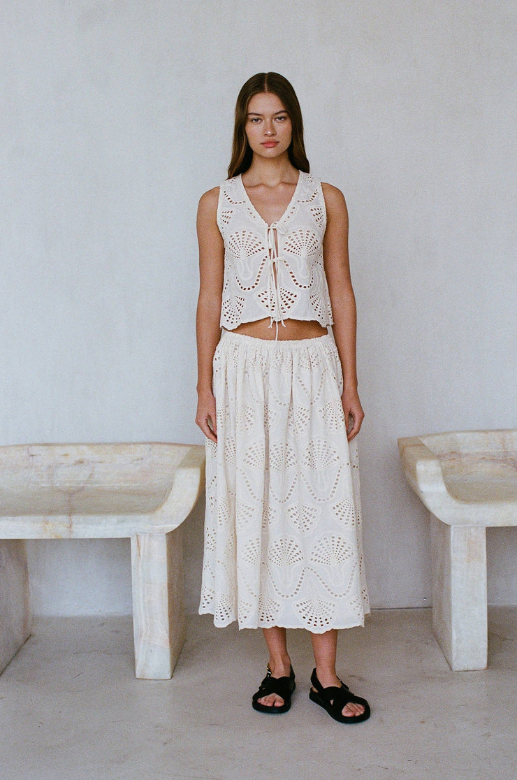 A.REN EMBROIDERED WOVEN COTTON MIDI SKIRT