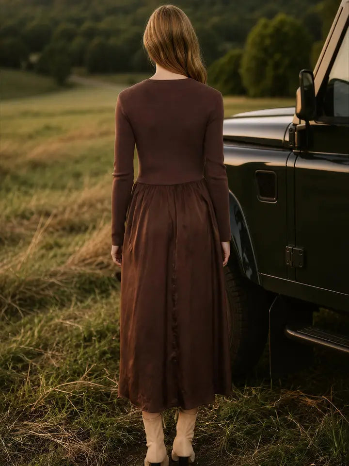 Knit Cardigan Satin Skirt Twofer Midi Dress
