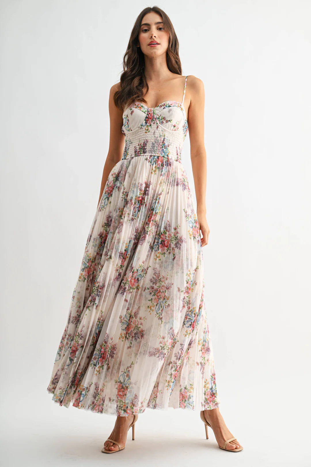 Camellia Pleated Floral Tulle Maxi Dress