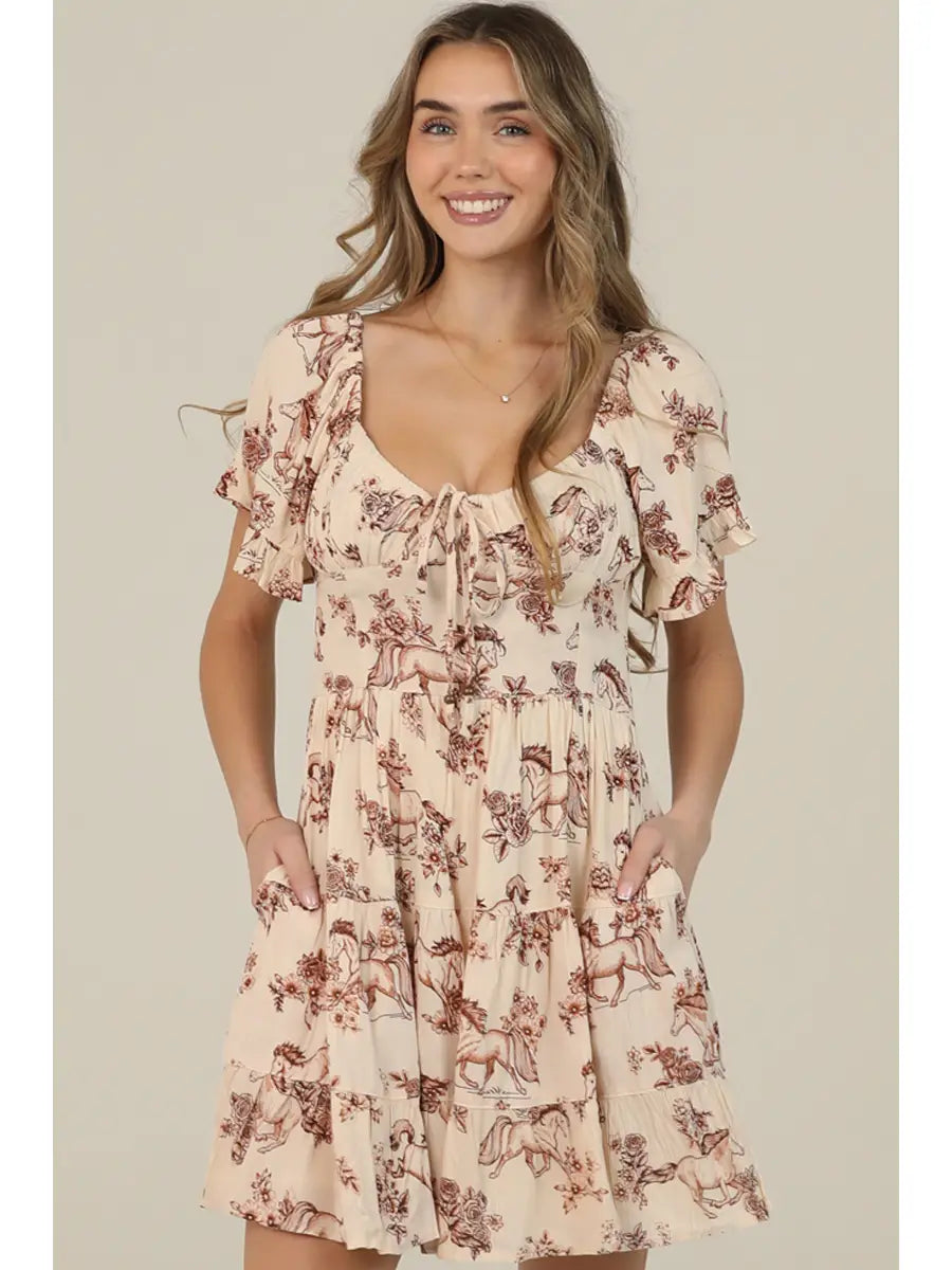Angie Horse Print Short Sleeve Dress with Pockets