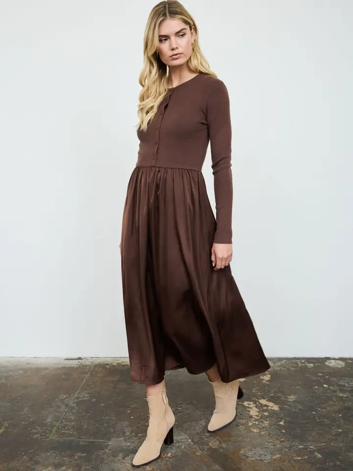 Knit Cardigan Satin Skirt Twofer Midi Dress