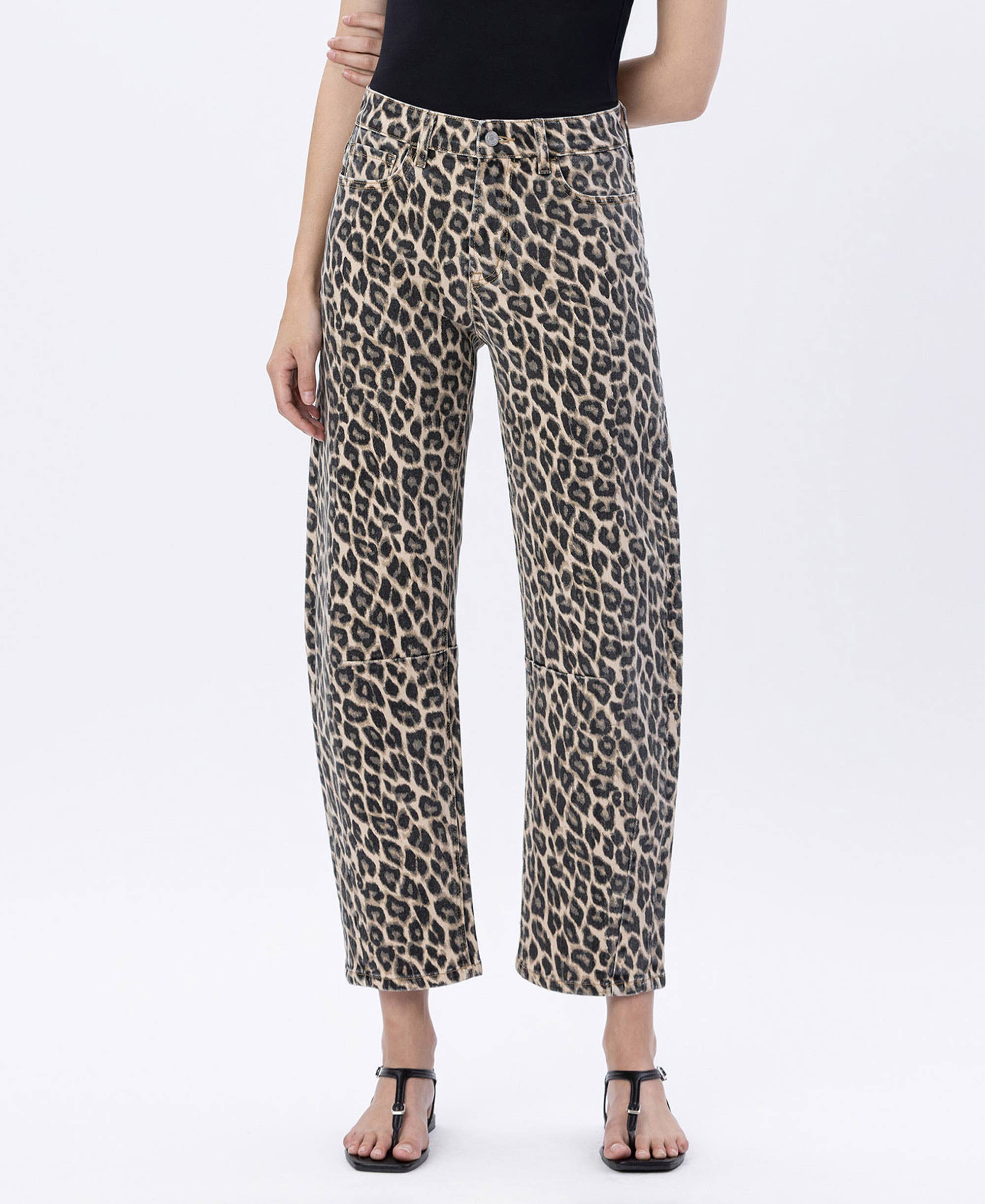High Rise Barrel Leopard Print Denim