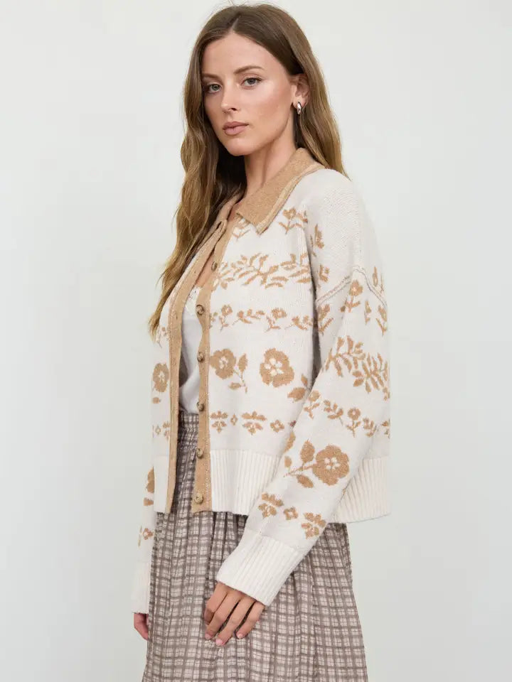 Floral Print Contrast Collar Sweater Cardigan