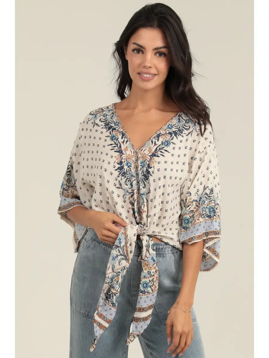 Nostalgia V Neck Tie Waist Kimono Sleeve Top