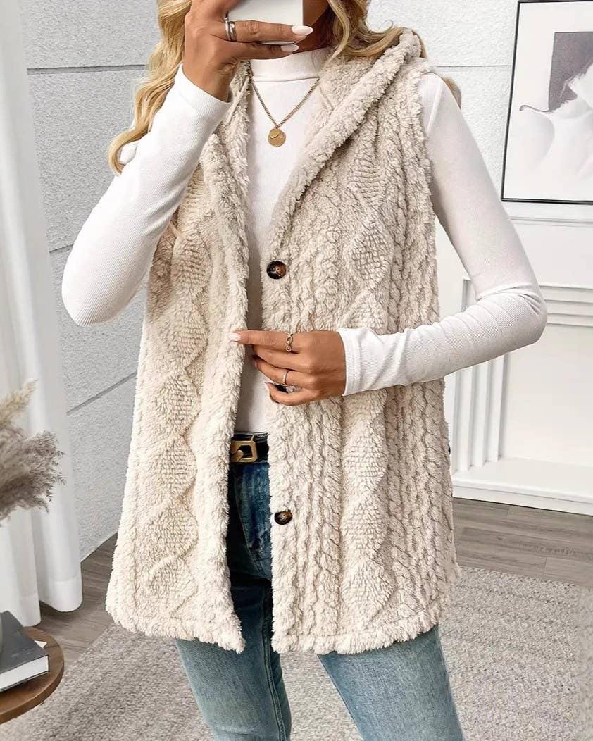 Double-sided Plush Hooded Button Vest