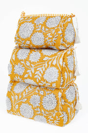 Yellow Floral print Quilted Cotton Toiletry Bag Set