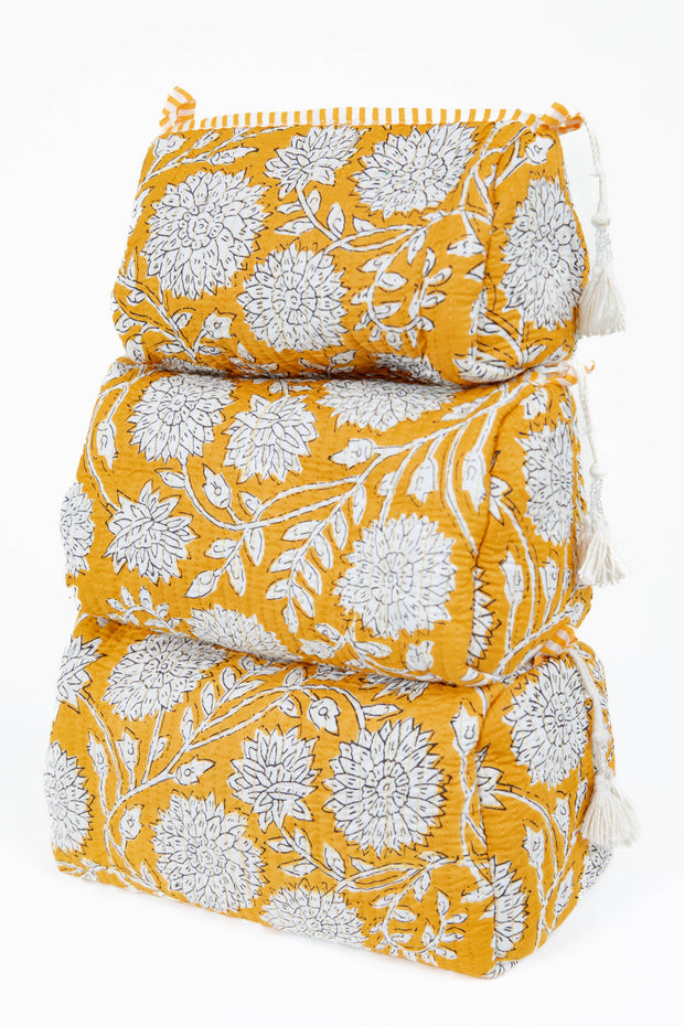 Yellow Floral print Quilted Cotton Toiletry Bag Set